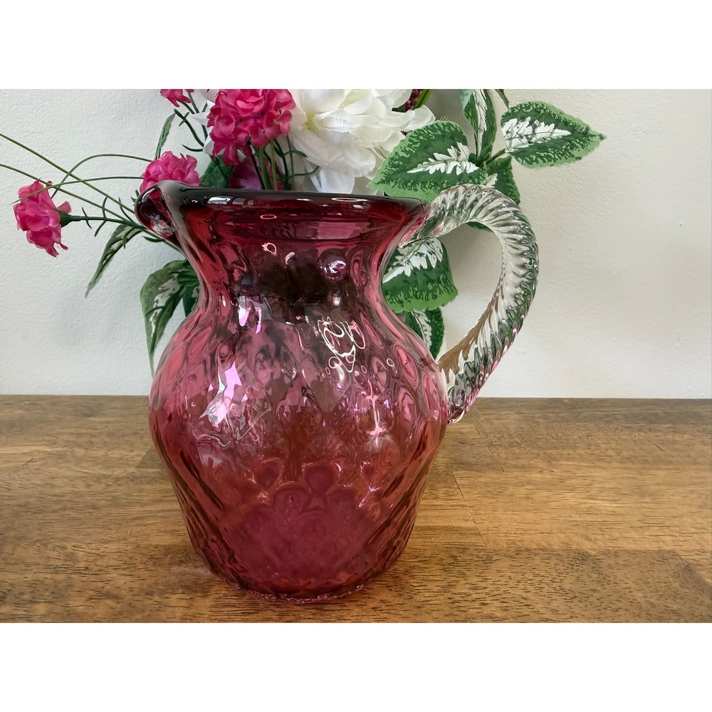 Vintage Cranberry Art‎ Glass Pitcher Hand Blown Swirl Pattern Clear Handle